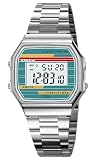 Retro Digital Watch Stainless Steel Band Alarm Chrono LED Light 30M Waterproof Vintage Electronic Wristwatch for Men Women (Silver-Green)