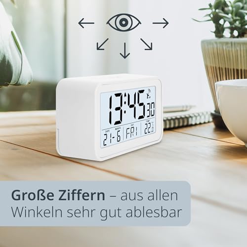 ADE Digitaler Funkwecker mit Licht | Wecker mit Temperaturanzeige und Kalender | kompakter Reisewecker | hübsches matt weißes Gehäuse | mit Batterie
