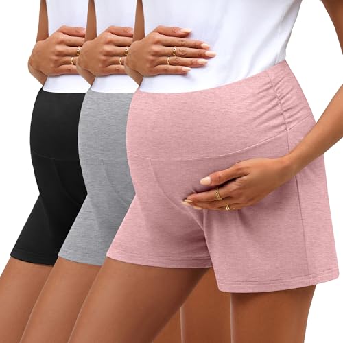 Oakgarden 3 Pack Women's Maternity Shorts Over Belly Pregnancy Shorts Comfy Lounge Pajama Workout Maternity Clothes(Pink, Light Gray, Black,Medium)