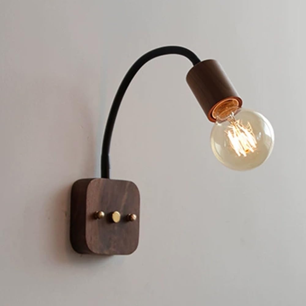 SXWNBIFH Adjustable Gooseneck Wood Wall Sconce Japanese Style Wall Lamp with 30cm Flexible Arm, Hardwired Bedside Reading Light Fixture for Bedroom, Living Room, Hallway, Study(Walnut)