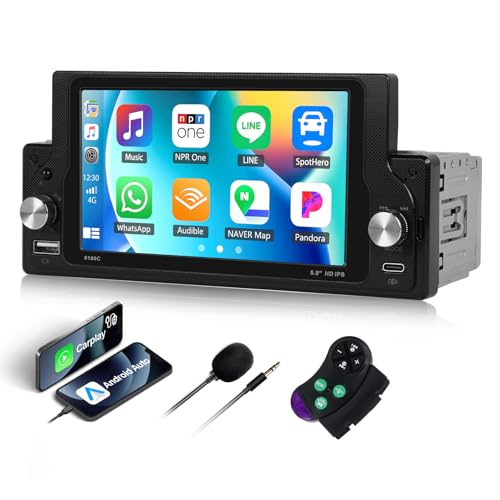 CAMECHO Car Radio 1 DIN con Carplay Android Auto Bluetooth5.0 Manos Libres,5.9 Pulgadas Car Radio Touch Display con FM Mirror Link Type-C y USB