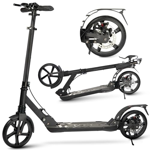 Uluck Roller Erwachsene, 200 mm große Räder mit Scheibenbremsen, Roller für Erwachsene mit Tragegurt und doppelter Stoßdämpfung, Faltbarer Roller für Teenager (Schwarz)