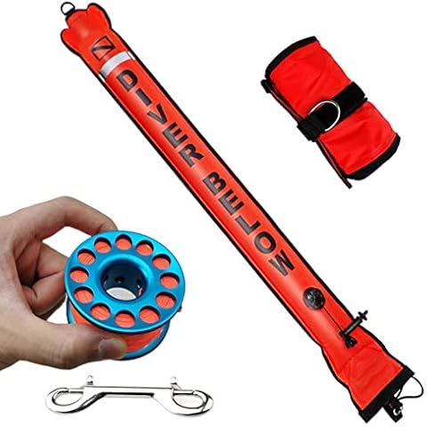 DSMB 6ft Surface Marker Buoy with 100ft Finger Spool Reel Diver Below Signal Flag Tube Scuba Diving Equipment Open Bottom Set (6ft) Red Cover