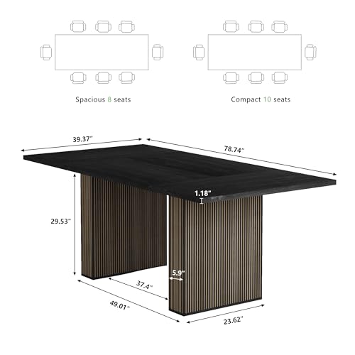 Image of 78 Inch Rectangular Dining Table for 6 to 10, Farmhouse Fluted Dining Kitchen Table, Modern Wood Long Dining Table for Kitchen Living Room, Black