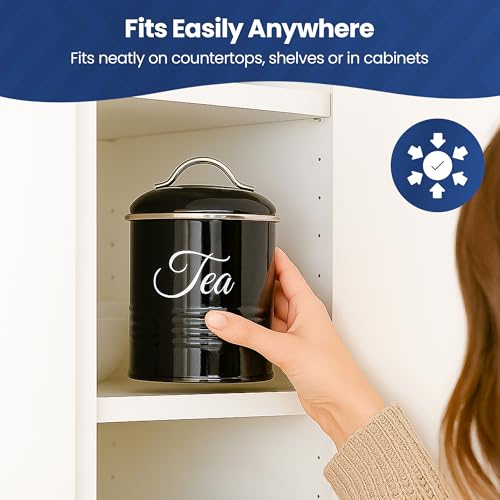 Innoteck Tea Coffee Sugar Canister Set - Set of 3 Kitchen Canister Sets with 1.3L Capacity, Food-Grade Metal Kitchen Food Storage with Airtight Lids, Tea Coffee & Sugar Tins for Organising, Black