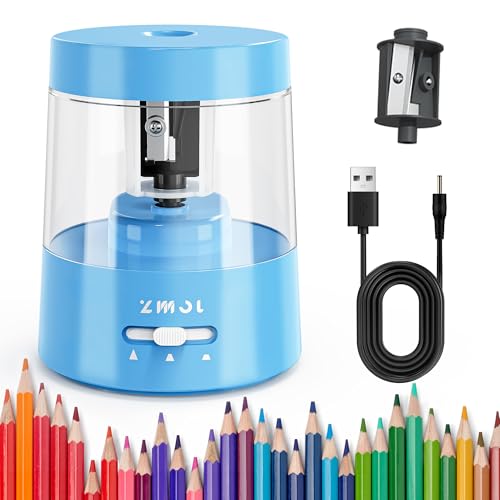 ZMOL Colored Pencil Electric Sharpener, Auto Stop, Plug-in Small Electric Sharpener Battery Powered for 6-8mm No. 2 Pencils Blue