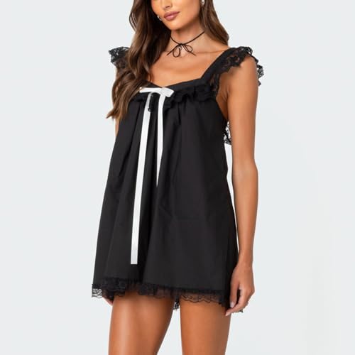 Image of Women Y2K Babydoll Mini Dress Cute Bow Lace Trim Pleated Ruffle Short Sundress Casual Party Vacation One Pieces