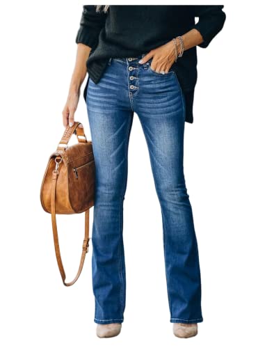 Akivide Womens Button Fly Stretchy Skinny Mid Waist Bootcut Jeans Flared Bell Bottom Demin Pants