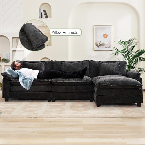 Image of Oprisen 120 inch Modular Sectional Sofa, Comfy Cloud Couch Sectional Sofa with Ottoman, Chenille Sofa Sleeper Deep Seat Sofa with Throw Pillows for Living Room (Black, 120 inch- L Shape)