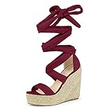 Allegra K Women's Espadrille Platform Wedges Heel Lace Up Burgundy Sandals 8.5 M US