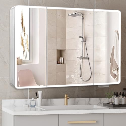Ereousa Armadietto Bagno con Specchio e Luce, 90x70x13cm, Mobile Bagno con Anti-appannamento, Bianca