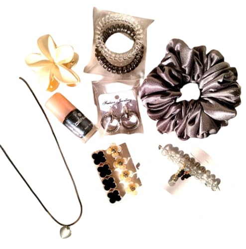 Image of 8 Stylish Hamper For Gifting & Personal Use Accessories Trendy Nacklase Chain, Hair Clutcher, Hand Braclates, Earrings, Nail polish, 2 Spring Rubber, Hair Pins With Box