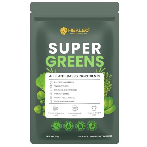 Image of Healeo Super Greens Powder 75g | Daily Greens with 40 Plant-Based Ingredients | Acne Control, Skin Health, Digestion, Detox & Immunity | Superfood Green Powder Supplement for Men & Women