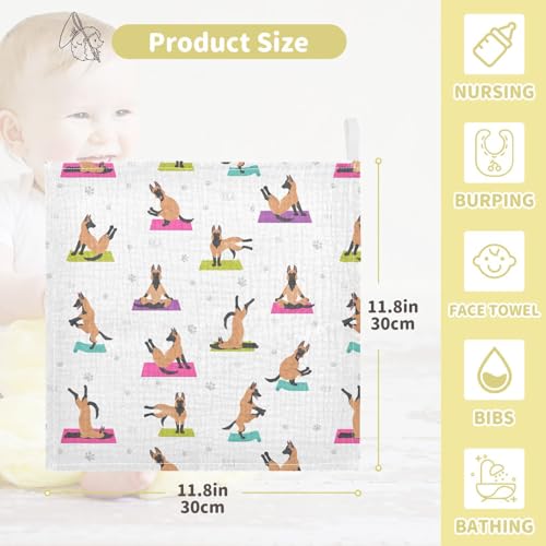 Image of vvfelixl Baby Cotton Washcloths Belgian Malinois Yoga Infants Bath Towel for Unisex Face Towels for Newborn, Natural Baby Wipes Delicate Skin, 11.8 X 11.8 inch, one sizex3
