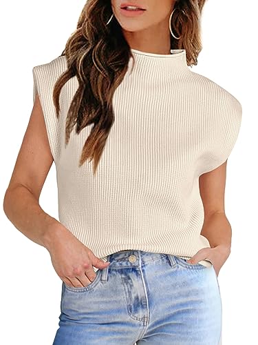 Image of Womens Sleeveless Sweater Vest Turtleneck Ribbed Knit Tank Tops Basic Slim Fit Top
