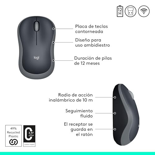Miniatura 6 de Logitech M185 Ratón Inalámbrico, 2,4 GHz con Mini Receptor USB, Batería 12 Meses, Seguimiento Óptico 1000 dpi, Ambidiestro, PC/Mac/Portátil - Gris