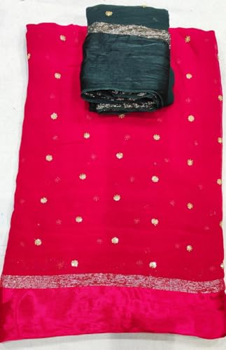 Image of Pure Georgette Sequence Work Saree with Contrast Blouse, Satan Patta Fabric