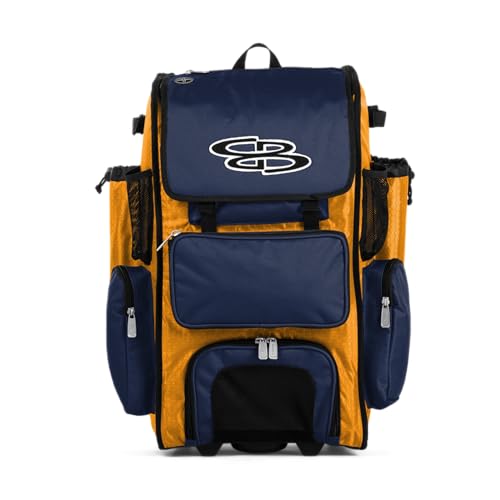 Boombah Rolling Superpack Baseball/Softball Gear Bag - 23-1/2" x 13-1/2" x 9-1/2" - BRSP2C23 Gold/Navy - Telescopic Handle - Holds 4 Bats - Wheeled Version