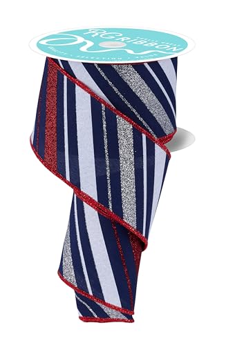 Image of Sparkling Patriotic Stripes Wired Ribbon - 2 1 /2 inch x 10 Yards, Red, White, Blue Glitter Striped Decoration, 4th of July, Veteran's Day, Memorial Day, President's Day, Election