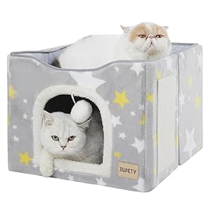 Jiupety Cat Bed for 2 Cats,Cat Houses for Indoor Cats, with Scratch Pad and Cat Ball Toy, Large Cat Cave Cube for Hideaway,Foldable Cat Condo/Kitten Bed,Cute Cat Beds,17in,Grey