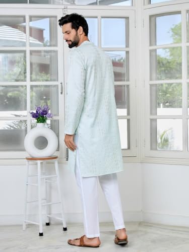 Image of See Designs Men's Full Sleeve Mandarin Collar Floral Embroidered Mandarin Collar Thread Work Straight Long Kurta - Festive Collection