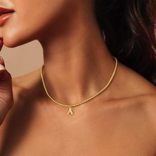 M MOOHAM Gold Beaded Initial Chain Choker Necklaces - 14K Gold Beaded Initial Necklace for Women Trendy Letter A-Z Dainty Choker Necklaces for Women, Tiny Small Jewelry Personalized Gifts4