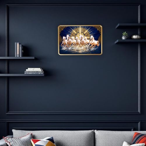 Image of Dharvika Innovations Vastu 7 Seven Running Horse Photo Frame, Golden Slim Frame, Sparkle Coated Lamination, 30x45 cm (Design 6)