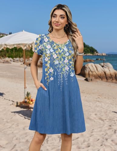 Image of Zeagoo Womens Summer A-Line Dress with Pockets Mini Short Sleeve Dresses Flowy Beach Swing Dress 2026 Vacation Travel