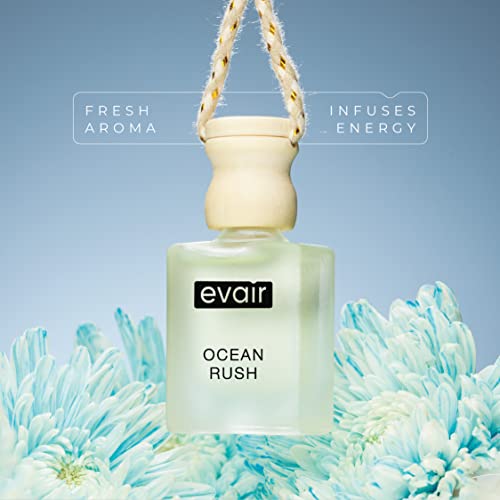 Image of Evair Ocean Rush Car Air Freshener | Hanging Car Perfume with Essential Oils | Long-Lasting Aroma in Glass Bottle with Wooden Diffuser Lid | 10ml Hanging Car Scent (Pack of 1)