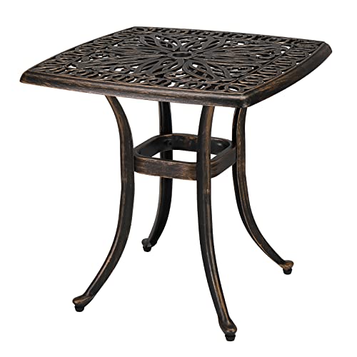 VINGLI 21” Cast Aluminum Outdoor Side Table with 1.6” Umbrella Hole, All Weather Square Patio Coffee Table Porch Table Bistro Table End Table Bronze