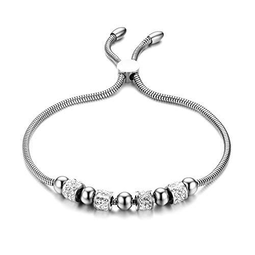 Flongo Pulsera de Mujer Bolitas con Brillantes, Pulsera de Acero Inoxidable...