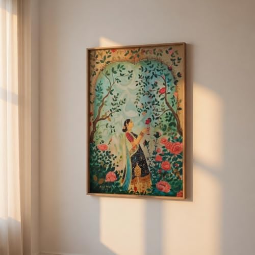 Image of Livin'luxe Vintage Garden Lady Wall Art with Wooden Frame | Floral Nature HD UV Laminated Print on MDF | Elegant Indian Woman Painting for Living Room Bedroom Decor