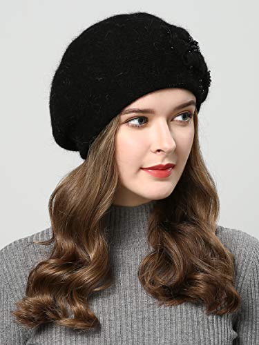 Aichuan Women Winter Knit Beret Hat Rabbit Hair French Style Beret Classic Warm Casual Beanie Hat Black #TOP2