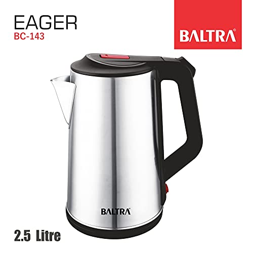 Image of BALTRA Eager Electric Cordless Kettle 1500 Watt 2.5 Ltr Capacity with Stainless Steel Body, Automatic Power Off, Concealed Heating Element, Heat Resistant Handle, Travel Friendly Electric Kettle