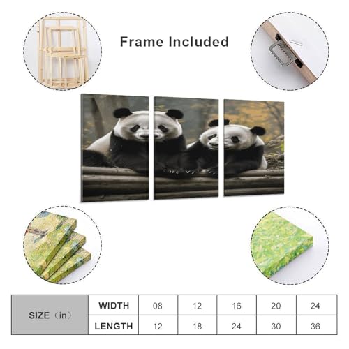 Toile murale grand panda | Tableau triptyque vertical pour séjour