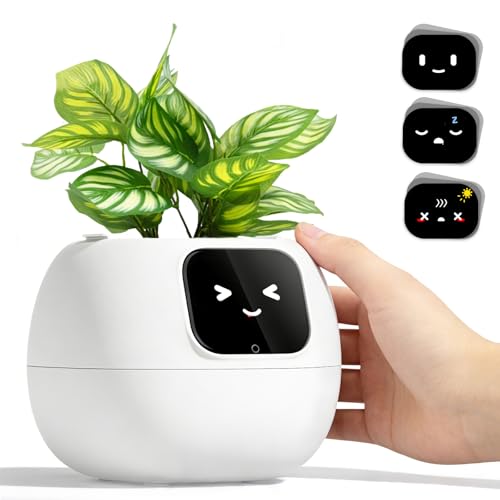 TinyShield Smart Plant Pot with Emotion Display Touchscreen & No App Needed Auto Self-Watering with Alarm Clock & Plant Monitor Unique Birthday Gift for Women Plant Lovers & Housewarming