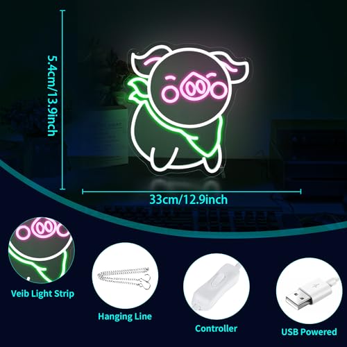 Image of Pig Neon Sign - HSJNJKFU Neon Signs for Wall Decor Animal Led Sign Light Up Sign for Room Birthday Party Home - LED Neon USB Powered