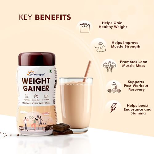 Image of Dr. Morepen Weight Gainer /Gain Weight, Post Workout, 74 G Carbohydrate, 14.5G Protein, Healthy Fats (Irish Chocolate, 500G)|Pack Of 2 - Powder