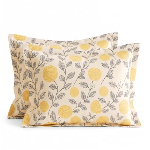 Image of VAS COLLECTIONS Premium 240 TC Cotton Double Bedsheet Set with 2 Pillow Covers | Breathable Floral Print Bedding | Fade Resistant | 228 x 254 cm, Ochre & Charcoal, Double Flat (90x100) Charcoal