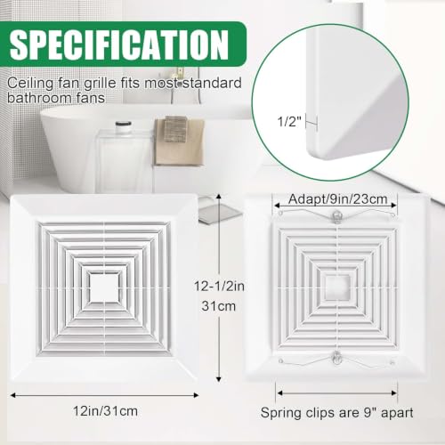 Cubierta blanca para extractor de baño (paquete de 4 unidades, 12 x 12 pulgadas), con resorte, montaje en techo o pared, rejilla, difusor de aire, campana de ventilación, accesorios de reemplazo miniatura 2