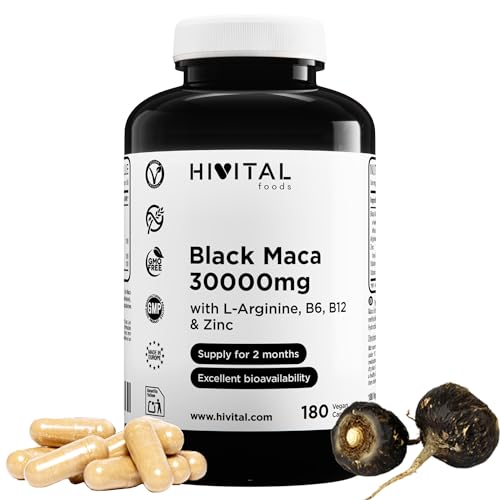 Maca Negra Peruana 30000 mg. 180 cápsulas veganas para 2 meses de tratamiento. Extracto de Maca Andina con L-Arginina, Zinc y Vitaminas B6 y B12. Fabricado en España por HIVITAL