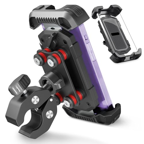 Soporte para teléfono móvil para motocicleta, soporte para bicicleta, soporte para manillar giratorio 360°, doble amortiguador de vibraciones, instalación sin herramientas, soporte universal para