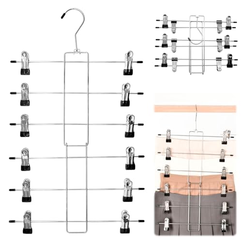 Trouser Hangers Space Saving, 6 Tier Stainless Steel Trouser Rack with Clips, Pants Organiser Hanger, Skirt Clip Hanger for Space Saver Wardrobe Storage