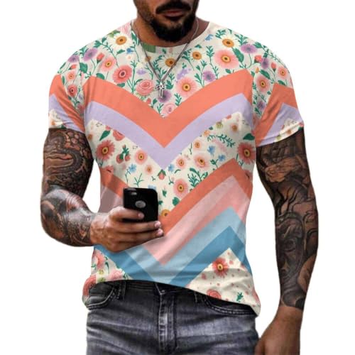 Comfortable Men's Crewneck Full Print Casual Tee Modern Daily Wear Colorful Chevron Stripes Floral Garden Pattern Tee 3XL