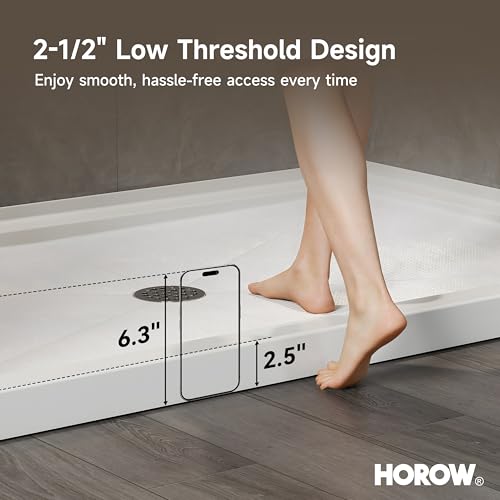 Image of HOROW 60 inch x 36 inch Shower Base, Center Drain Shower Pan, Low Profile Acrylic Base with Reinforced Fiberglass, Non-Slip Surface, Stainless Steel Drain Cover, Leak-Resistant for Bathroom