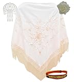 Pack Flamenco Con Mantón Bordado, Peineta, Flor Con Pinza Y Pulsera – Accesorios Para Feria Y Sevillanas (Blanco Peineta)
