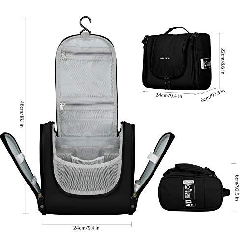 NIUTA Hanging Toiletry Bag Travel Large Wash Bag Waterproof Cosmetic Bag Makeup Organizer with Elastic Band Holders for Toiletries, Cosmetics, Makeup, Brushes (Black)