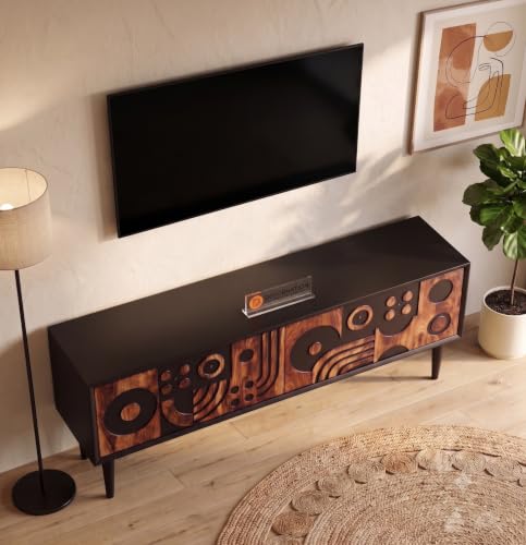 Image of DecorNation Akiwa 62 Inch TV Unit, Sheesham Wood, Black | Carved Door TV Console Cabinet, Storage, Engineered Wood Entertainment Unit, For Living Room