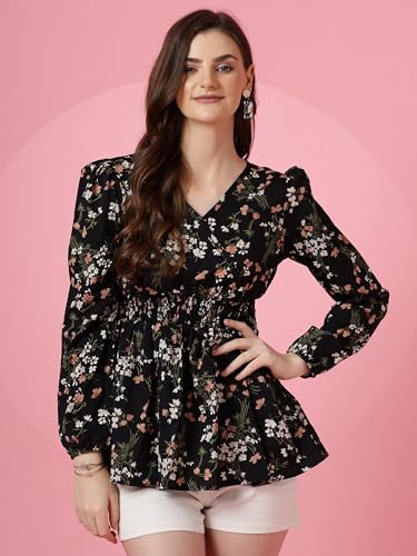 Sheetal Associates Women's Crepe Puff Sleeves Peplum Top with Floral Printed Regular Fit Full Sleeve and V-Neck Maxi Length