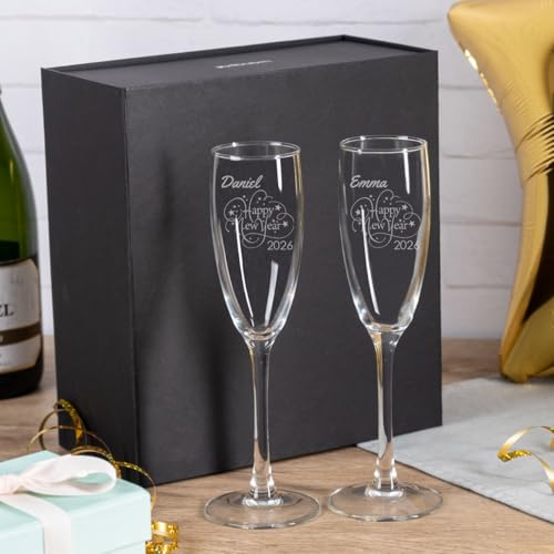 Wanapix | Pack de 2 Copas de Cava Personalizada | Estuche de Regalo Incluido | Copa de Champagne Cristal Grabada a Láser | Boda/Aniversario/San Valentín | 20cl. | Happy New Year